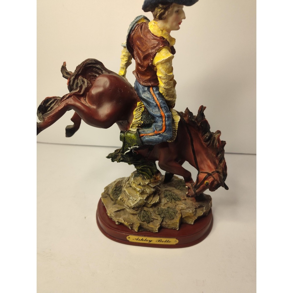 Cowboy on‎ Horse Statue Western Resin Wooden Brown Base Ashley Belle Wild West